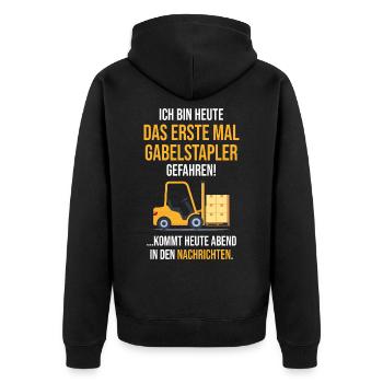 Das erste mal Gabelstapler lustiger Spruch - Unisex Premium Bio Zip Hoodie - Schwarz - Hinten - Nico (187cm)