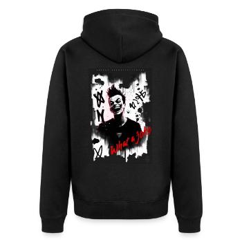 What a Joke by ART8NS - Art ON Streetwear - Unisex Premium Bio Zip Hoodie - Schwarz - Hinten - Nico (187cm)