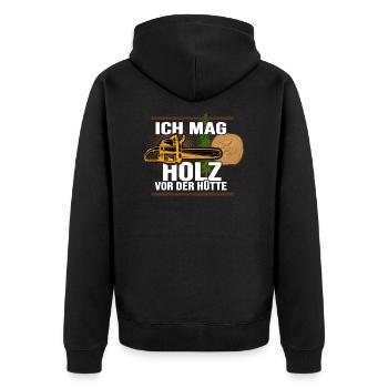 Holz Wald Waldarbeiter Brennholz vor der Hütte - Unisex Premium Bio Zip Hoodie - Schwarz - Hinten - Nico (187cm)