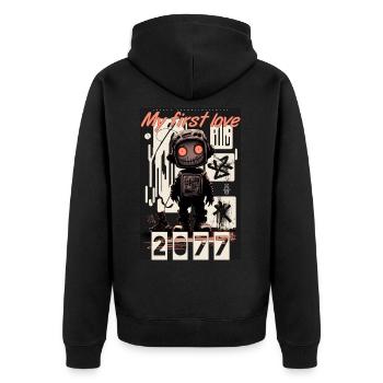My first love by ART8NS - Art ON Streetwear - Unisex Premium Bio Zip Hoodie - Schwarz - Hinten - Nico (187cm)