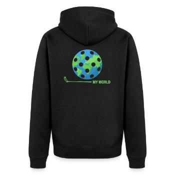 Floorball Unihockey FLOORBALL-world Floorballer - Unisex Premium Bio Zip Hoodie - Schwarz - Hinten - Nico (187cm)