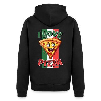 I Love Pizza Pizzastück Gesicht Lacht Pizzeria - Unisex Premium Bio Zip Hoodie - Schwarz - Hinten - Nico (187cm)