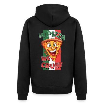 In Pizza We Crust Pizzastück Gesicht Lacht Lustig - Unisex Premium Bio Zip Hoodie - Schwarz - Hinten - Nico (187cm)