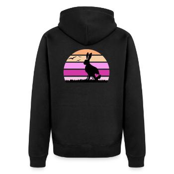 Hase "glücklicher Klopfer hoppelt" Hasenohr - Unisex Premium Bio Zip Hoodie - Schwarz - Hinten - Nico (187cm)