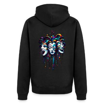 Maskenspiel - Mask play - Unisex Premium Bio Zip Hoodie - Schwarz - Hinten - Nico (187cm)