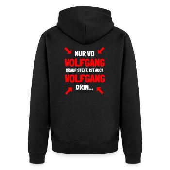 Wolfgang ist mein Name - Unisex Premium Bio Zip Hoodie - Schwarz - Hinten - Nico (187cm)