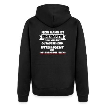 Mein Mann ist die Liebe meines Lebens - Unisex Premium Bio Zip Hoodie - Schwarz - Hinten - Nico (187cm)
