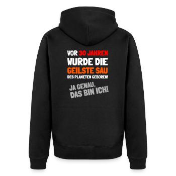 30 Jahre und genau das bin ich! - Unisex Premium Bio Zip Hoodie - Schwarz - Hinten - Nico (187cm)