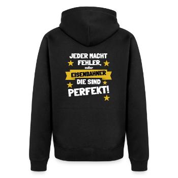 Eisenbahner sind perfekt - Unisex Premium Bio Zip Hoodie - Schwarz - Hinten - Nico (187cm)