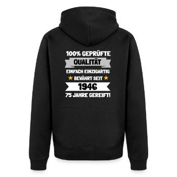 100% geprüfte Qualität seit 1946 und 75 Jahren - Unisex Premium Bio Zip Hoodie - Schwarz - Hinten - Nico (187cm)
