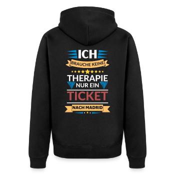 Ein Ticket nach Madrid, ist wie eine Therapie - Unisex Premium Bio Zip Hoodie - Schwarz - Hinten - Nico (187cm)