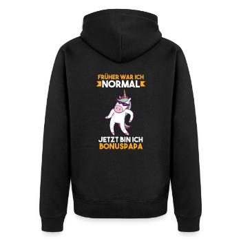 Früher war ich normal jetzt bin ich Bonuspapa - Unisex Premium Bio Zip Hoodie - Schwarz - Hinten - Nico (187cm)