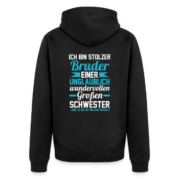 Ich bin stolzer Bruder einer großen Schwester - Unisex Premium Bio Zip Hoodie - Schwarz - Hinten - Nico (187cm)
