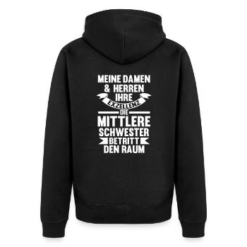 Schwestern Mittlere Schwester - Unisex Premium Bio Zip Hoodie - Schwarz - Hinten - Nico (187cm)