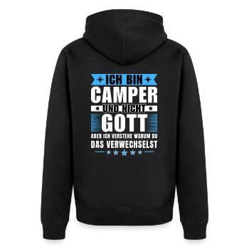 Ich bin Camper und nicht Gott - Unisex Premium Bio Zip Hoodie - Schwarz - Hinten - Nico (187cm)