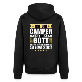 Ich bin Camper und nicht Gott - Unisex Premium Bio Zip Hoodie - Schwarz - Hinten - Nico (187cm)