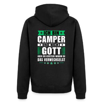 Ich bin Camper und nicht Gott - Unisex Premium Bio Zip Hoodie - Schwarz - Hinten - Nico (187cm)