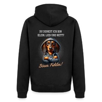 Klein, lieb und nett? Böser Fehler! - Dackel - Unisex Premium Bio Zip Hoodie - Schwarz - Hinten - Nico (187cm)