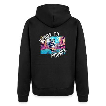 A Cat riding a Skateboard on Colorful City Street - Unisex Premium Organic Zip Hoodie - black - Back - Nico (187cm)