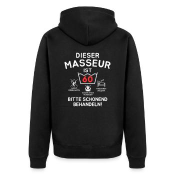 Dieser Masseur ist 60. Schonend behandeln - Unisex Premium Bio Zip Hoodie - Schwarz - Hinten - Nico (187cm)