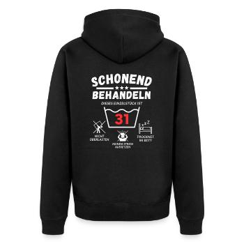 Schonend behandeln - dieses Einzelstück ist 31 - Unisex Premium Bio Zip Hoodie - Schwarz - Hinten - Nico (187cm)