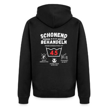 Schonend behandeln - dieses Einzelstück ist 45 - Unisex Premium Bio Zip Hoodie - Schwarz - Hinten - Nico (187cm)