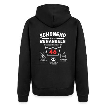 Schonend behandeln - dieses Einzelstück ist 46 - Unisex Premium Bio Zip Hoodie - Schwarz - Hinten - Nico (187cm)