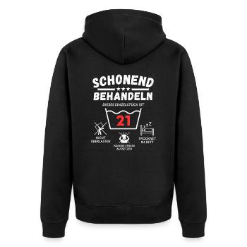 Schonend behandeln - dieses Einzelstück ist 21 - Unisex Premium Bio Zip Hoodie - Schwarz - Hinten - Nico (187cm)