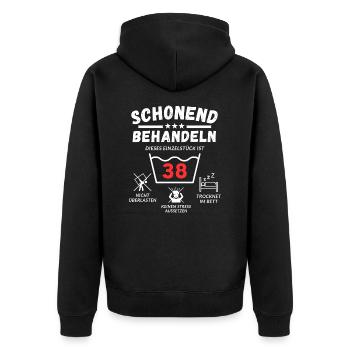 Schonend behandeln - dieses Einzelstück ist 38 - Unisex Premium Bio Zip Hoodie - Schwarz - Hinten - Nico (187cm)