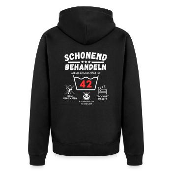 Schonend behandeln - dieses Einzelstück ist 42 - Unisex Premium Bio Zip Hoodie - Schwarz - Hinten - Nico (187cm)