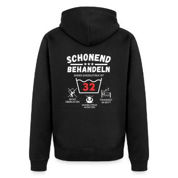 Schonend behandeln - dieses Einzelstück ist 32 - Unisex Premium Bio Zip Hoodie - Schwarz - Hinten - Nico (187cm)