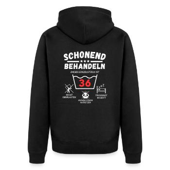 Schonend behandeln - dieses Einzelstück ist 36 - Unisex Premium Bio Zip Hoodie - Schwarz - Hinten - Nico (187cm)