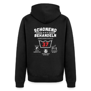 Schonend behandeln - dieses Einzelstück ist 37 - Unisex Premium Bio Zip Hoodie - Schwarz - Hinten - Nico (187cm)