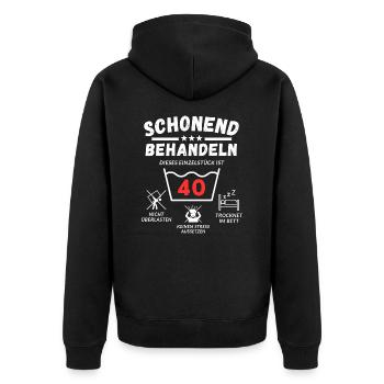 Schonend behandeln - dieses Einzelstück ist 40 - Unisex Premium Bio Zip Hoodie - Schwarz - Hinten - Nico (187cm)