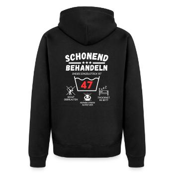 Schonend behandeln - dieses Einzelstück ist 47 - Unisex Premium Bio Zip Hoodie - Schwarz - Hinten - Nico (187cm)