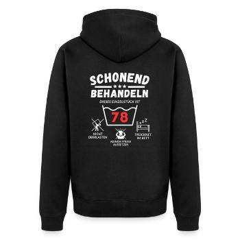 Schonend behandeln - dieses Einzelstück ist 78 - Unisex Premium Bio Zip Hoodie - Schwarz - Hinten - Nico (187cm)