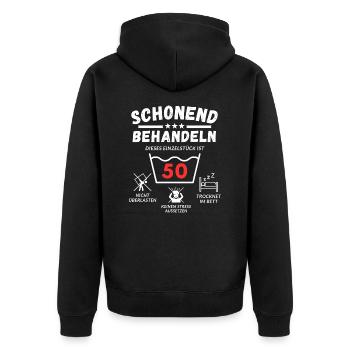 Schonend behandeln - dieses Einzelstück ist 50 - Unisex Premium Bio Zip Hoodie - Schwarz - Hinten - Nico (187cm)