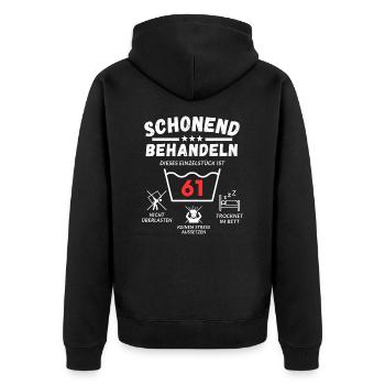 Schonend behandeln - dieses Einzelstück ist 61 - Unisex Premium Bio Zip Hoodie - Schwarz - Hinten - Nico (187cm)