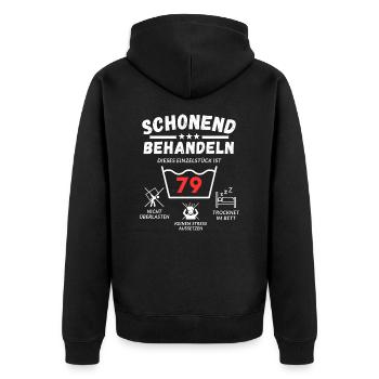 Schonend behandeln - dieses Einzelstück ist 79 - Unisex Premium Bio Zip Hoodie - Schwarz - Hinten - Nico (187cm)