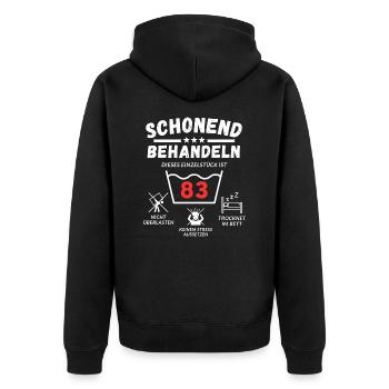 Schonend behandeln - dieses Einzelstück ist 83 - Unisex Premium Bio Zip Hoodie - Schwarz - Hinten - Nico (187cm)