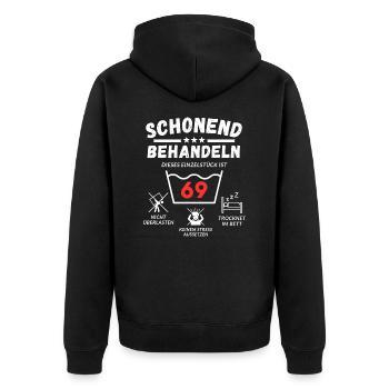 Schonend behandeln - dieses Einzelstück ist 69 - Unisex Premium Bio Zip Hoodie - Schwarz - Hinten - Nico (187cm)