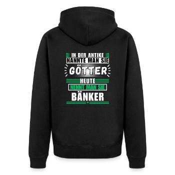 Götter in der Antike. Heute Bänker - Unisex Premium Bio Zip Hoodie - Schwarz - Hinten - Nico (187cm)