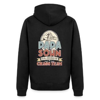 Papa & Sohn, Perfekte Chaos Team - Unisex Premium Bio Zip Hoodie - Schwarz - Hinten - Nico (187cm)