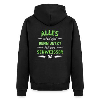 Alles wird gut denn jetzt ist der Schweißer da - Unisex Premium Bio Zip Hoodie - Schwarz - Hinten - Nico (187cm)