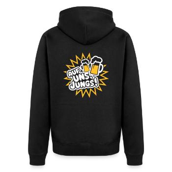 Auf uns, Jungs (Bier) - Unisex Premium Bio Zip Hoodie - Schwarz - Hinten - Nico (187cm)