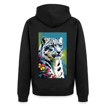 Schneeleopard | Leopard | Raubtier - Unisex Premium Bio Zip Hoodie - Schwarz - Hinten - Nico (187cm)