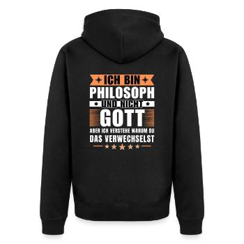 Ich bin Philosoph und nicht Gott - Unisex Premium Bio Zip Hoodie - Schwarz - Hinten - Nico (187cm)