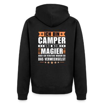 Ich bin Camper und kein Magier - Unisex Premium Bio Zip Hoodie - Schwarz - Hinten - Nico (187cm)