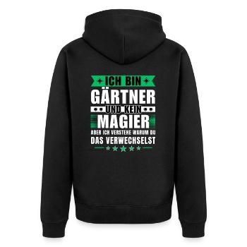 Ich bin Gärtner und kein Magier - Unisex Premium Bio Zip Hoodie - Schwarz - Hinten - Nico (187cm)