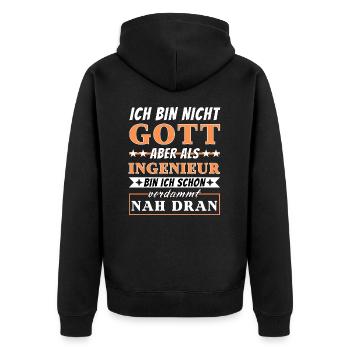 Ich bin nicht Gott aber als Ingenieur nah dran - Unisex Premium Bio Zip Hoodie - Schwarz - Hinten - Nico (187cm)